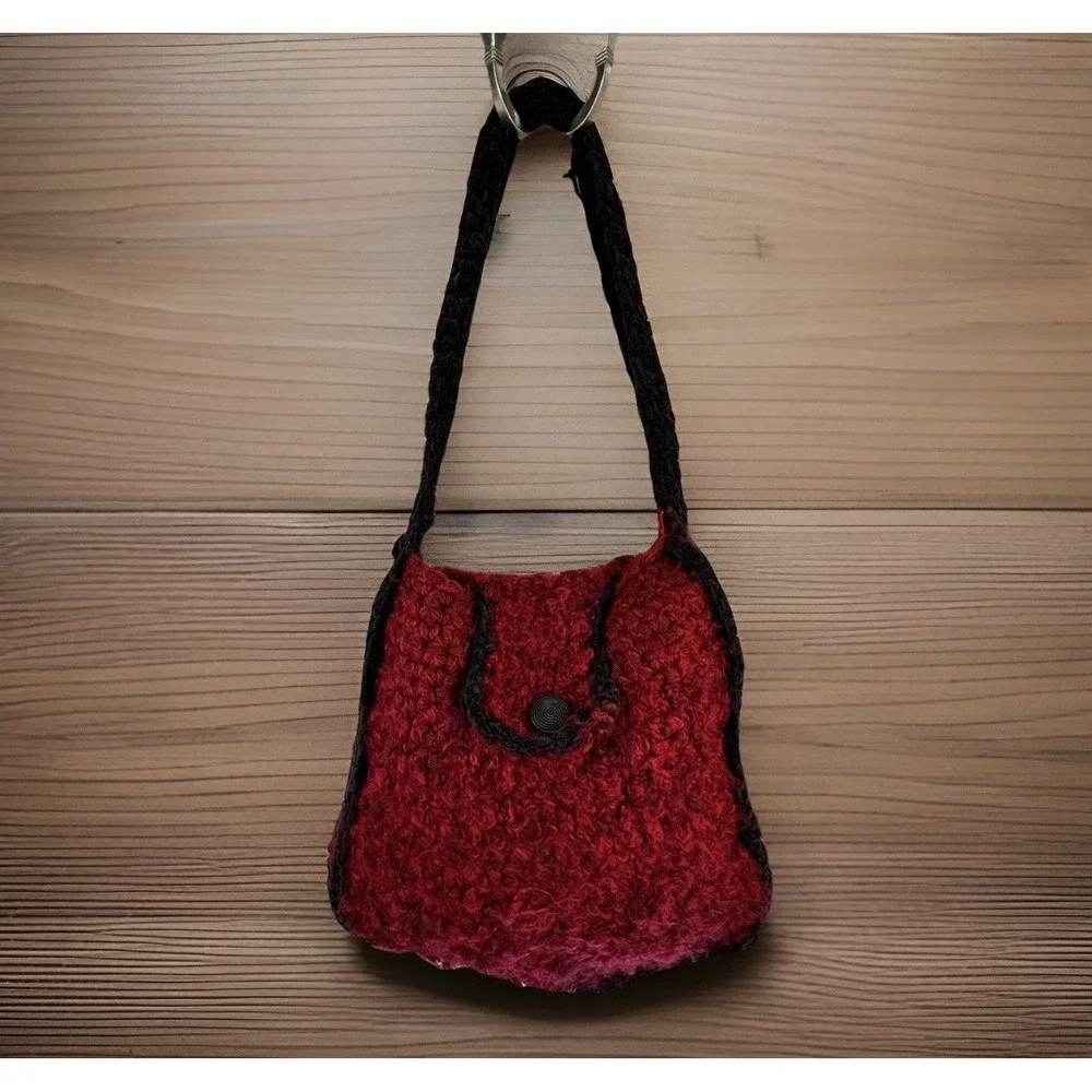 Handmade Crochet Purse Lined Red Black Fuzzy Whimsigoth Fairy Grunge Witchy